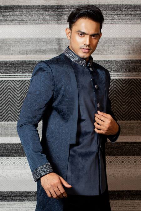 Shop Yajy By Aditya Jain Blue Silk, Stretch Cotton Asymmetric Bandhgala And Trouser Set Online at Aza Fashions Shop_Yajy By Aditya Jain_Blue Silk, Stretch Cotton Asymmetric Bandhgala And Trouser Set _Online_at_Aza_Fashions