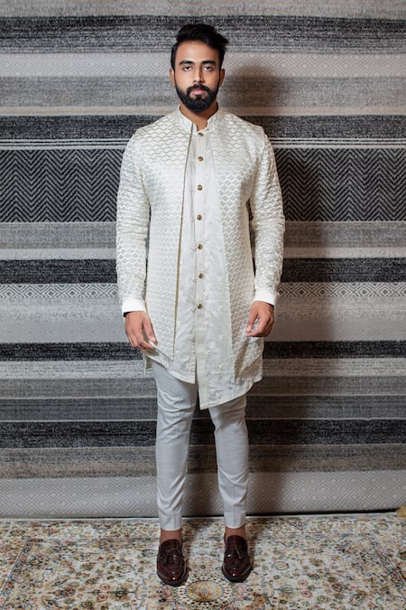 Yajy By Aditya Jain White Silk, Stretch Cotton Floral, Geometric Embroidered Jacket And Pant Set