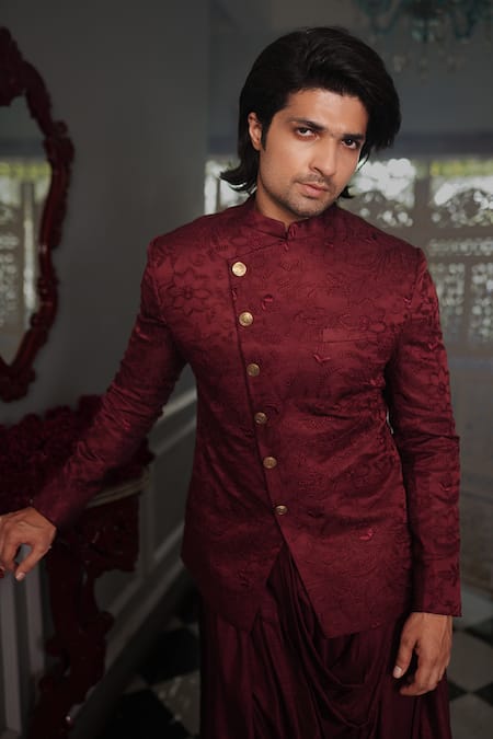 Yajy By Aditya Jain_Red Bandhgalaand Kurta  Silk, Pant Stretch Cotton Rish Set _Online_at_Aza_Fashions