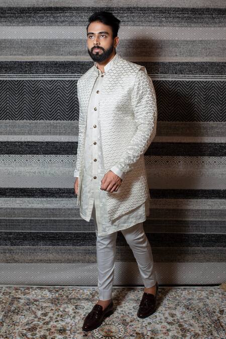 Buy_Yajy By Aditya Jain_White Silk, Stretch Cotton Floral, Geometric Embroidered Jacket And Pant Set _Online_at_Aza_Fashions