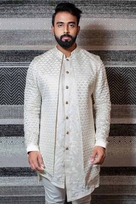 Shop_Yajy By Aditya Jain_White Silk, Stretch Cotton Floral, Geometric Embroidered Jacket And Pant Set _Online_at_Aza_Fashions