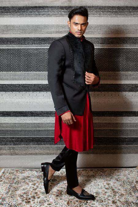 Yajy By Aditya Jain_Black Silk, Italian Suiting, Stretch Cotton Leaf Bandhgala And Kali Kurta Set _Online_at_Aza_Fashions