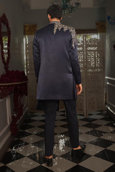 Shop Yajy By Aditya Jain Blue Pant Stretch Cotton, Sherwani Italian Valmi Embroidered And Trouser Set at Aza Fashions Shop_Yajy By Aditya Jain_Blue Pant Stretch Cotton, Sherwani Italian Valmi Embroidered And Trouser Set _at_Aza_Fashions