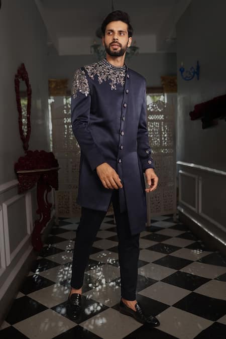 Yajy By Aditya Jain Blue Pant Stretch Cotton, Sherwani Italian Valmi Embroidered And Trouser Set Online at Aza Fashions Yajy By Aditya Jain_Blue Pant Stretch Cotton, Sherwani Italian Valmi Embroidered And Trouser Set _Online_at_Aza_Fashions