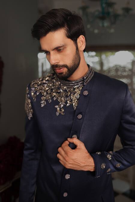 Buy Yajy By Aditya Jain Blue Pant Stretch Cotton, Sherwani Italian Valmi Embroidered And Trouser Set Online at Aza Fashions Buy_Yajy By Aditya Jain_Blue Pant Stretch Cotton, Sherwani Italian Valmi Embroidered And Trouser Set _Online_at_Aza_Fashions