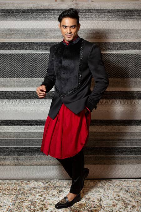 Buy_Yajy By Aditya Jain_Black Silk, Italian Suiting, Stretch Cotton Leaf Bandhgala And Kali Kurta Set _Online_at_Aza_Fashions