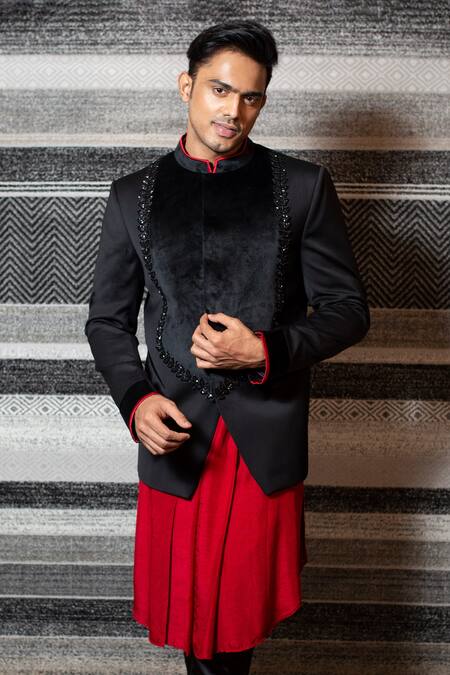 Shop_Yajy By Aditya Jain_Black Silk, Italian Suiting, Stretch Cotton Leaf Bandhgala And Kali Kurta Set _Online_at_Aza_Fashions