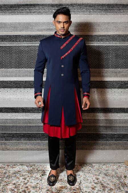 Yajy By Aditya Jain Blue Silk, Italian Suiting, Stretch Cotton Floral Pleated Sherwani Set Online at Aza Fashions Yajy By Aditya Jain_Blue Silk, Italian Suiting, Stretch Cotton Floral Pleated Sherwani Set _Online_at_Aza_Fashions