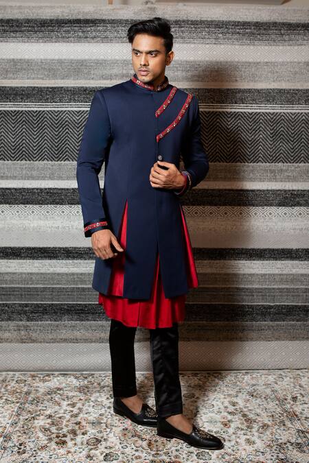 Buy Yajy By Aditya Jain Blue Silk, Italian Suiting, Stretch Cotton Floral Pleated Sherwani Set Online at Aza Fashions Buy_Yajy By Aditya Jain_Blue Silk, Italian Suiting, Stretch Cotton Floral Pleated Sherwani Set _Online_at_Aza_Fashions