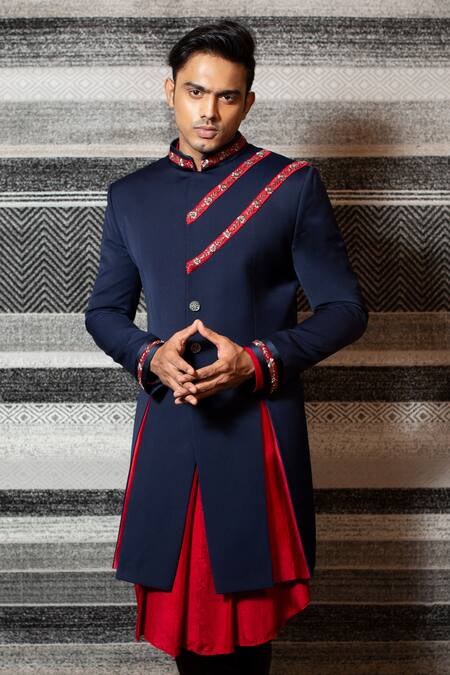 Shop Yajy By Aditya Jain Blue Silk, Italian Suiting, Stretch Cotton Floral Pleated Sherwani Set Online at Aza Fashions Shop_Yajy By Aditya Jain_Blue Silk, Italian Suiting, Stretch Cotton Floral Pleated Sherwani Set _Online_at_Aza_Fashions