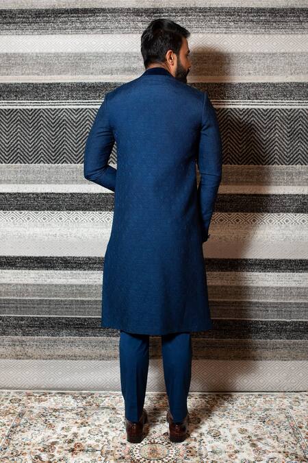 Shop Yajy By Aditya Jain Blue Silk, Stretch Cotton Asymmetric Sherwani Set at Aza Fashions Shop_Yajy By Aditya Jain_Blue Silk, Stretch Cotton Asymmetric Sherwani Set _at_Aza_Fashions