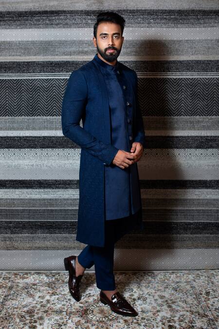 Yajy By Aditya Jain Blue Silk, Stretch Cotton Asymmetric Sherwani Set Online at Aza Fashions Yajy By Aditya Jain_Blue Silk, Stretch Cotton Asymmetric Sherwani Set _Online_at_Aza_Fashions