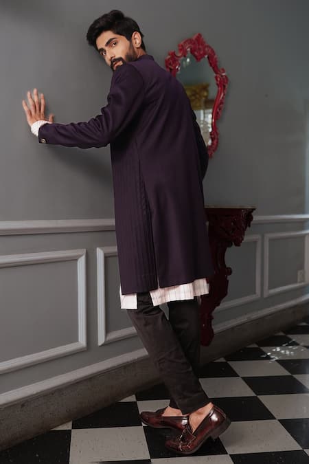 Shop Yajy By Aditya Jain Wine Jacket Italian Suiting, Kurta Silk, Pant Riva Asymmetric Bandhgala Set at Aza Fashions Shop_Yajy By Aditya Jain_Wine Jacket Italian Suiting, Kurta Silk, Pant Riva Asymmetric Bandhgala Set _at_Aza_Fashions