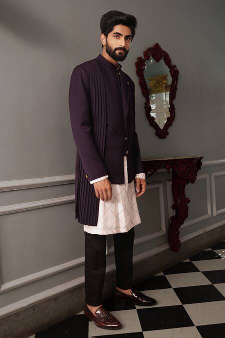 Yajy By Aditya Jain Wine Jacket Italian Suiting, Kurta Silk, Pant Riva Asymmetric Bandhgala Set Online at Aza Fashions Yajy By Aditya Jain_Wine Jacket Italian Suiting, Kurta Silk, Pant Riva Asymmetric Bandhgala Set _Online_at_Aza_Fashions
