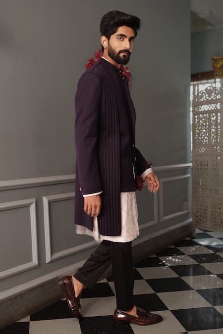 Shop Yajy By Aditya Jain Wine Jacket Italian Suiting, Kurta Silk, Pant Riva Asymmetric Bandhgala Set Online at Aza Fashions Shop_Yajy By Aditya Jain_Wine Jacket Italian Suiting, Kurta Silk, Pant Riva Asymmetric Bandhgala Set _Online_at_Aza_Fashions