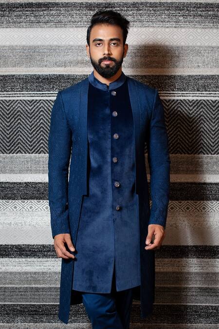 Shop Yajy By Aditya Jain Blue Silk, Stretch Cotton Asymmetric Sherwani Set Online at Aza Fashions Shop_Yajy By Aditya Jain_Blue Silk, Stretch Cotton Asymmetric Sherwani Set _Online_at_Aza_Fashions