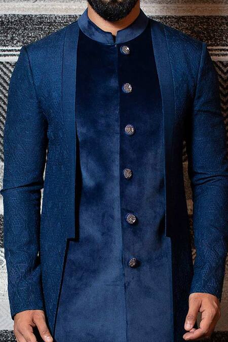 Yajy By Aditya Jain Blue Silk, Stretch Cotton Asymmetric Sherwani Set at Aza Fashions Yajy By Aditya Jain_Blue Silk, Stretch Cotton Asymmetric Sherwani Set _at_Aza_Fashions