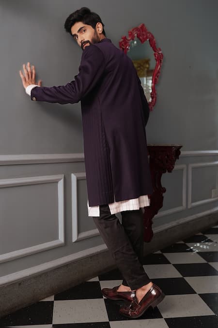 Shop Yajy By Aditya Jain Wine Italian Suiting Riva Asymmetric Bandhgala And Trouser Set at Aza Fashions Shop_Yajy By Aditya Jain_Wine Italian Suiting Riva Asymmetric Bandhgala And Trouser Set _at_Aza_Fashions