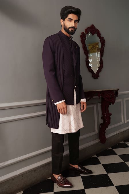 Yajy By Aditya Jain Wine Italian Suiting Riva Asymmetric Bandhgala And Trouser Set Online at Aza Fashions Yajy By Aditya Jain_Wine Italian Suiting Riva Asymmetric Bandhgala And Trouser Set _Online_at_Aza_Fashions
