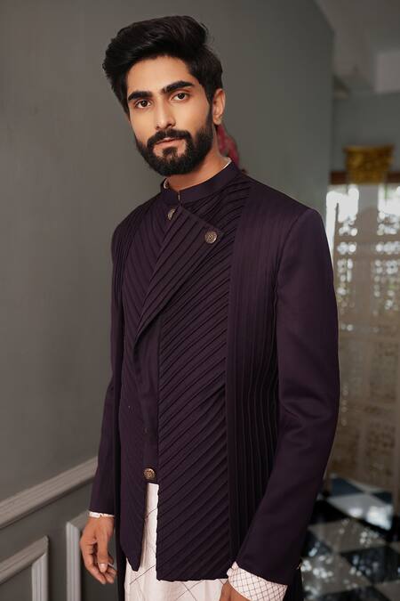 Shop Yajy By Aditya Jain Wine Italian Suiting Riva Asymmetric Bandhgala And Trouser Set Online at Aza Fashions Shop_Yajy By Aditya Jain_Wine Italian Suiting Riva Asymmetric Bandhgala And Trouser Set _Online_at_Aza_Fashions