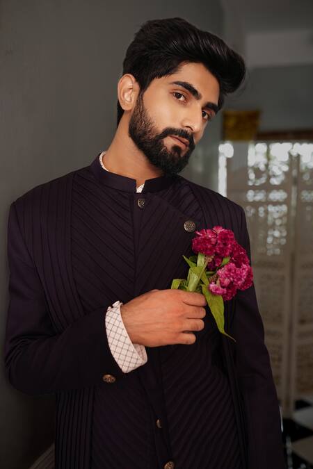 Yajy By Aditya Jain Wine Italian Suiting Riva Asymmetric Bandhgala And Trouser Set at Aza Fashions Yajy By Aditya Jain_Wine Italian Suiting Riva Asymmetric Bandhgala And Trouser Set _at_Aza_Fashions