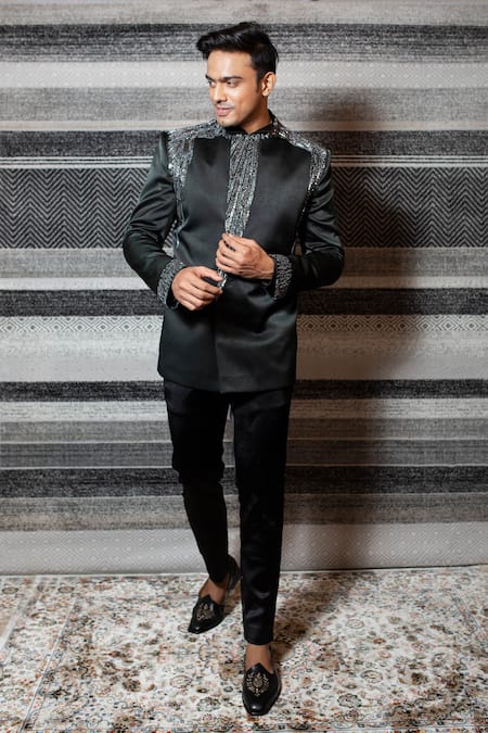 Yajy By Aditya Jain Green Italian Suiting, Stretch Cotton Sequin Embroidered Bandhgala Set