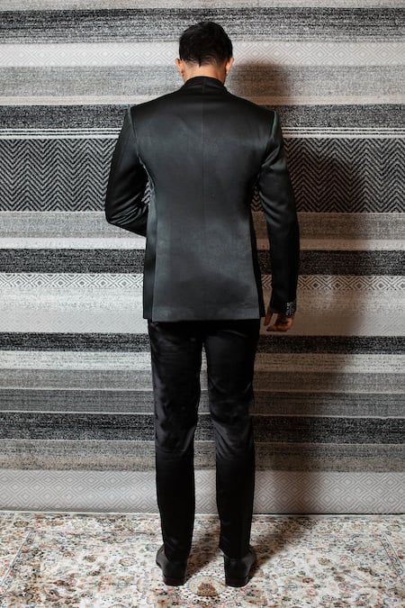 Shop Yajy By Aditya Jain Green Italian Suiting, Stretch Cotton Sequin Embroidered Bandhgala Set at Aza Fashions Shop_Yajy By Aditya Jain_Green Italian Suiting, Stretch Cotton Sequin Embroidered Bandhgala Set _at_Aza_Fashions