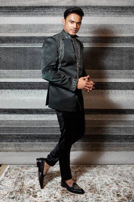 Yajy By Aditya Jain Green Italian Suiting, Stretch Cotton Sequin Embroidered Bandhgala Set Online at Aza Fashions Yajy By Aditya Jain_Green Italian Suiting, Stretch Cotton Sequin Embroidered Bandhgala Set _Online_at_Aza_Fashions