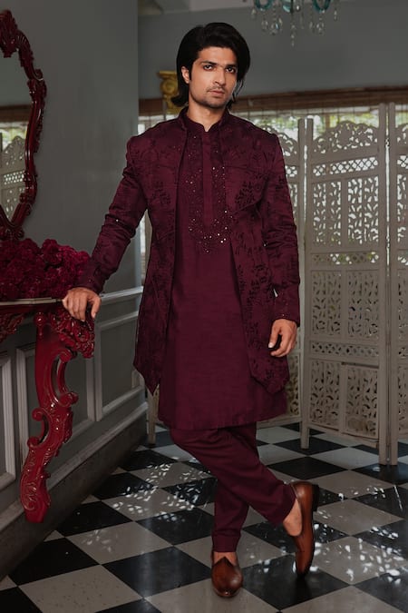 YAJY by Aditya Jain Wine Jacket And Kurta Silk Botanical Pattern Kris Set 