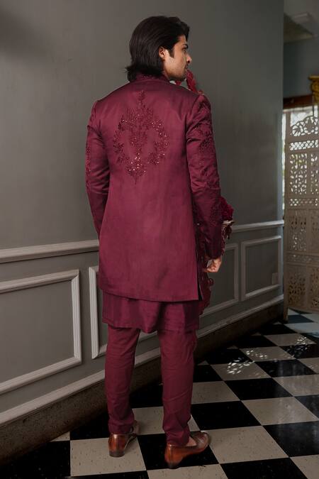 Shop Yajy By Aditya Jain Wine Jacket And Kurta Silk, Pant Stretch Cotton Botanical Pattern Kris Set at Aza Fashions Shop_Yajy By Aditya Jain_Wine Jacket And Kurta Silk, Pant Stretch Cotton Botanical Pattern Kris Set _at_Aza_Fashions
