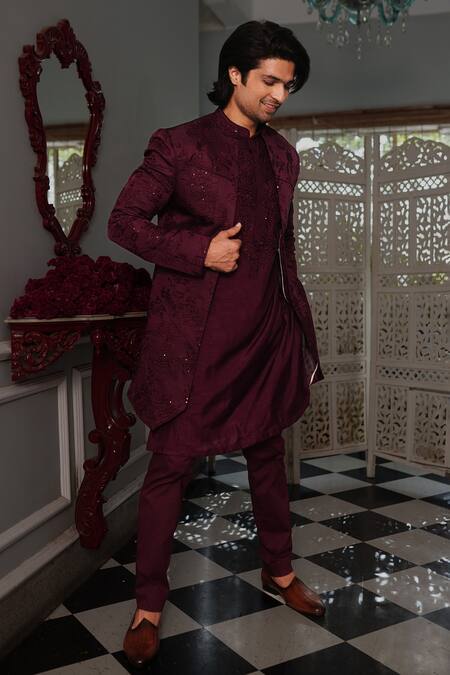Yajy By Aditya Jain Wine Jacket And Kurta Silk, Pant Stretch Cotton Botanical Pattern Kris Set Online at Aza Fashions Yajy By Aditya Jain_Wine Jacket And Kurta Silk, Pant Stretch Cotton Botanical Pattern Kris Set _Online_at_Aza_Fashions