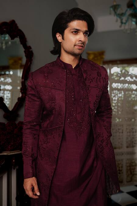 Buy Yajy By Aditya Jain Wine Jacket And Kurta Silk, Pant Stretch Cotton Botanical Pattern Kris Set Online at Aza Fashions Buy_Yajy By Aditya Jain_Wine Jacket And Kurta Silk, Pant Stretch Cotton Botanical Pattern Kris Set _Online_at_Aza_Fashions