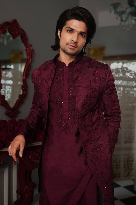 Shop Yajy By Aditya Jain Wine Jacket And Kurta Silk, Pant Stretch Cotton Botanical Pattern Kris Set Online at Aza Fashions Shop_Yajy By Aditya Jain_Wine Jacket And Kurta Silk, Pant Stretch Cotton Botanical Pattern Kris Set _Online_at_Aza_Fashions