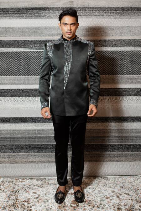 Buy Yajy By Aditya Jain Green Italian Suiting, Stretch Cotton Sequin Embroidered Bandhgala Set Online at Aza Fashions Buy_Yajy By Aditya Jain_Green Italian Suiting, Stretch Cotton Sequin Embroidered Bandhgala Set _Online_at_Aza_Fashions