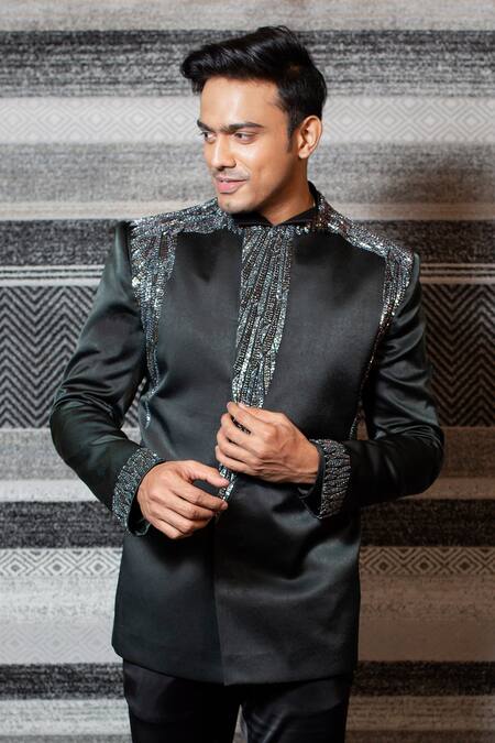 Shop Yajy By Aditya Jain Green Italian Suiting, Stretch Cotton Sequin Embroidered Bandhgala Set Online at Aza Fashions Shop_Yajy By Aditya Jain_Green Italian Suiting, Stretch Cotton Sequin Embroidered Bandhgala Set _Online_at_Aza_Fashions