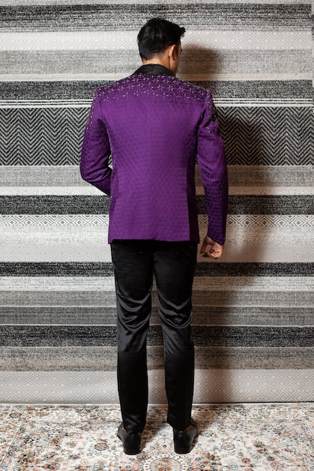 Shop_YAJY by Aditya Jain_Purple Silk, Stretch Cotton Cutdana, Bead And Sequin Embroidered Tuxedo Set _at_Aza_Fashions