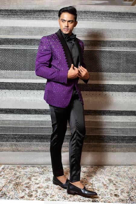 YAJY by Aditya Jain_Purple Silk, Stretch Cotton Cutdana, Bead And Sequin Embroidered Tuxedo Set _Online_at_Aza_Fashions