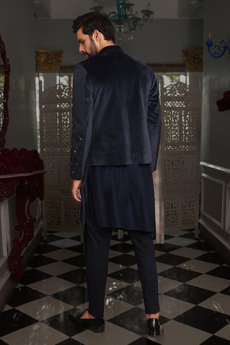 Shop Yajy By Aditya Jain Blue Drape Kurta Silk, Jacket Suede And Silk, Nil Embellished Bandhgala Set at Aza Fashions Shop_Yajy By Aditya Jain_Blue Drape Kurta Silk, Jacket Suede And Silk, Nil Embellished Bandhgala Set _at_Aza_Fashions