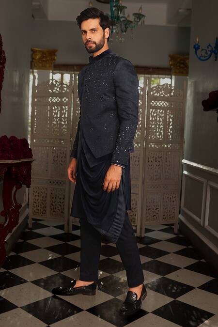 Yajy By Aditya Jain Blue Drape Kurta Silk, Jacket Suede And Silk, Nil Embellished Bandhgala Set Online at Aza Fashions Yajy By Aditya Jain_Blue Drape Kurta Silk, Jacket Suede And Silk, Nil Embellished Bandhgala Set _Online_at_Aza_Fashions