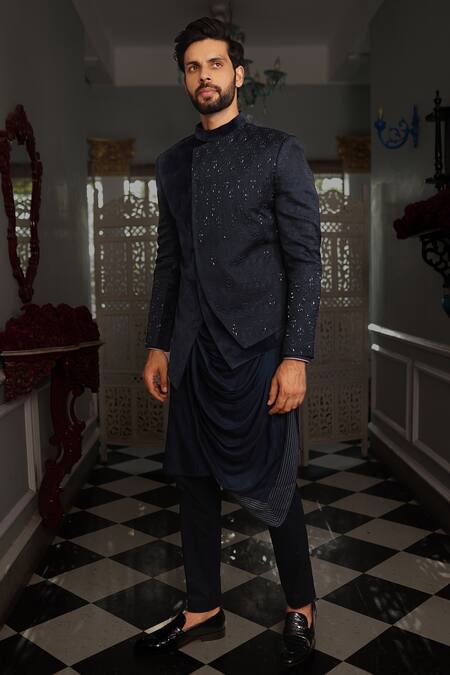 Buy Yajy By Aditya Jain Blue Drape Kurta Silk, Jacket Suede And Silk, Nil Embellished Bandhgala Set Online at Aza Fashions Buy_Yajy By Aditya Jain_Blue Drape Kurta Silk, Jacket Suede And Silk, Nil Embellished Bandhgala Set _Online_at_Aza_Fashions