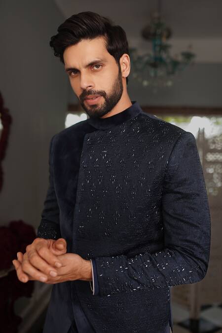 Shop Yajy By Aditya Jain Blue Drape Kurta Silk, Jacket Suede And Silk, Nil Embellished Bandhgala Set Online at Aza Fashions Shop_Yajy By Aditya Jain_Blue Drape Kurta Silk, Jacket Suede And Silk, Nil Embellished Bandhgala Set _Online_at_Aza_Fashions