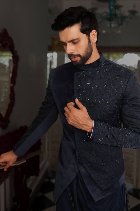 Yajy By Aditya Jain Blue Drape Kurta Silk, Jacket Suede And Silk, Nil Embellished Bandhgala Set at Aza Fashions Yajy By Aditya Jain_Blue Drape Kurta Silk, Jacket Suede And Silk, Nil Embellished Bandhgala Set _at_Aza_Fashions