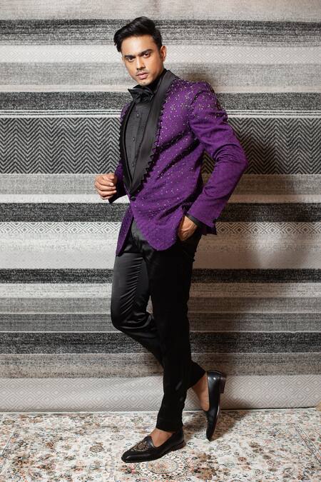Buy_YAJY by Aditya Jain_Purple Silk, Stretch Cotton Cutdana, Bead And Sequin Embroidered Tuxedo Set _Online_at_Aza_Fashions