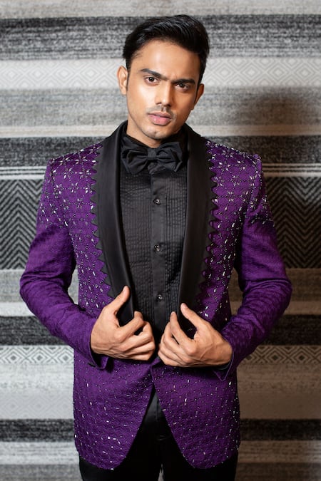 Shop_YAJY by Aditya Jain_Purple Silk, Stretch Cotton Cutdana, Bead And Sequin Embroidered Tuxedo Set _Online_at_Aza_Fashions
