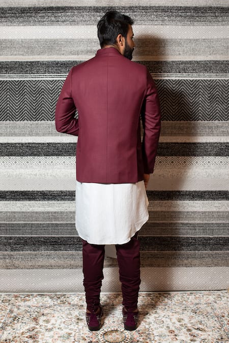 Shop Yajy By Aditya Jain Maroon Silk, Italian Suiting, Stretch Cotton Overlap Bandhgala Set at Aza Fashions Shop_Yajy By Aditya Jain_Maroon Silk, Italian Suiting, Stretch Cotton Overlap Bandhgala Set _at_Aza_Fashions