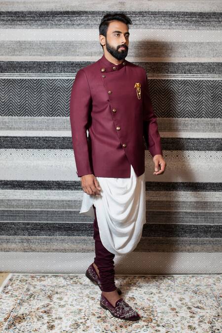 Yajy By Aditya Jain Maroon Silk, Italian Suiting, Stretch Cotton Overlap Bandhgala Set Online at Aza Fashions Yajy By Aditya Jain_Maroon Silk, Italian Suiting, Stretch Cotton Overlap Bandhgala Set _Online_at_Aza_Fashions