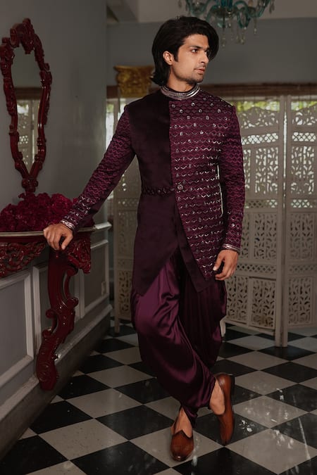 Yajy By Aditya Jain_Purple Cowl Pant Satin Silk, Jacket Suede Kewat Embroidered Bandhgala And Set _Online_at_Aza_Fashions