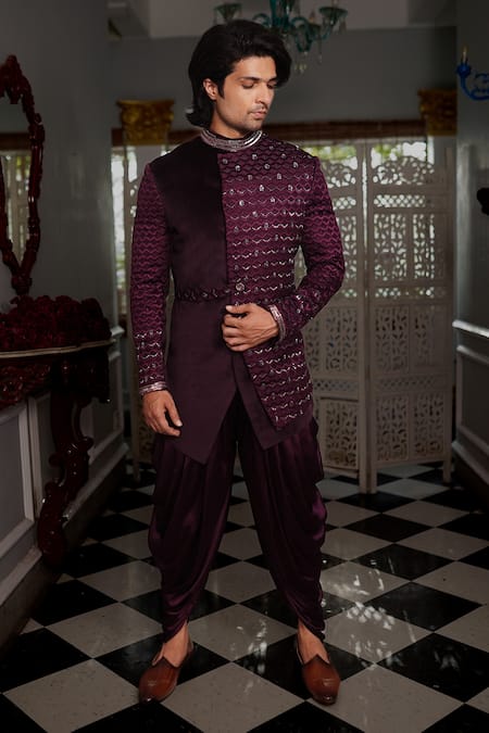 Buy_Yajy By Aditya Jain_Purple Cowl Pant Satin Silk, Jacket Suede Kewat Embroidered Bandhgala And Set _Online_at_Aza_Fashions