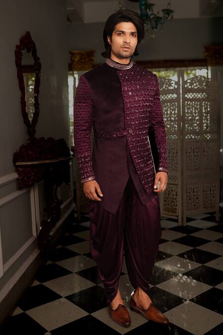 Shop_Yajy By Aditya Jain_Purple Cowl Pant Satin Silk, Jacket Suede Kewat Embroidered Bandhgala And Set _Online_at_Aza_Fashions