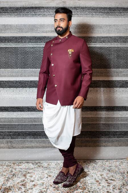 Buy Yajy By Aditya Jain Maroon Silk, Italian Suiting, Stretch Cotton Overlap Bandhgala Set Online at Aza Fashions Buy_Yajy By Aditya Jain_Maroon Silk, Italian Suiting, Stretch Cotton Overlap Bandhgala Set _Online_at_Aza_Fashions
